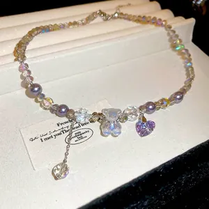 Purple Beaded Necklace With Crystal Bear And Heart Pendant Sweet Imitation Artificial Pearl Clavicle Chain For Women Girls