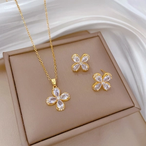 Lucky Clover Zircon Necklace Earrings Jewelry Set Stainless Steel Copper Gold Plated Elegant Women