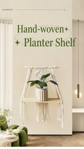Detailed macro view of bohemian hand-woven macrame wall shelf with decorative wooden board