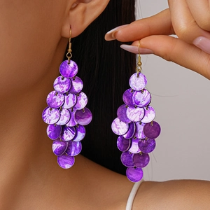 Purple Round Shell Dangle Earrings Multi Layered Sequin Tassel Drop Jewelry For Women Beach Vacation Bohemian Style
