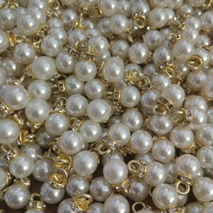 White ABS faux pearl charms with golden rhinestone metal loops for DIY jewelry making