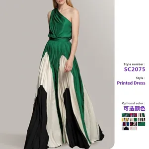 Women One Shoulder Sleeveless Maxi Dress Elegant Satin Pleated Color Block Patchwork Long A-Line Party Vacation Gown