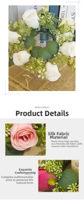 Detailed view of high-quality silk roses and eucalyptus leaves in a clear glass candle ring