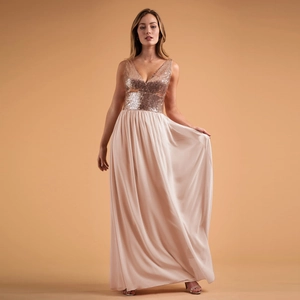 Abito Da Sera In Chiffon Con Paillettes Senza Maniche Scollo A V Schiena Scoperta Patchwork Lungo Fino A Terra Matrimonio Damigella D'Onore