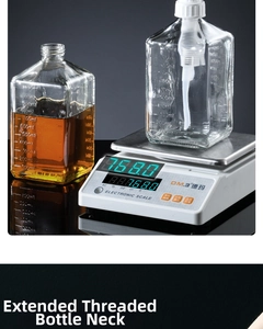 Detail view of the extended threaded bottle neck and 1000ml scale on clear glass syrup bottle