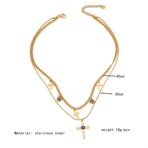 Detailed view of layered stainless steel cross necklace with length and weight specs