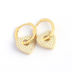 Golden heart-shaped hoop earrings with micro-pave white zircon crystals for women