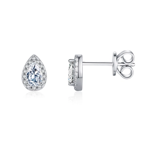 Elegant D color moissanite pear shaped sterling silver halo stud earrings with butterfly backs