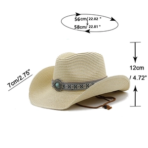 Detail of straw cowboy hat showing dimensions, ethnic band, and turquoise bead