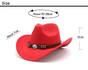 Size chart showing 57-58cm circumference and 7cm brim for the red western wool cowboy hat