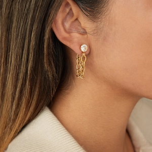 18K Gold Plated Stainless Steel Chain Tassel Drop Earrings Round White Zircon Industrial Style Jewelry For Women