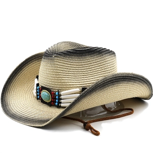 Western Cowboy Hat Paper Straw Gradient Wide Brim Ethnic Turquoise Bead Sun Protection Beach Outdoor For Men Women Wind Rope