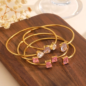Stainless Steel Cuff Bracelet Gold Plated Zirconia Geometric Heart Square Simple Fashion Jewelry For Women