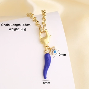 Detail of 45cm gold chain necklace with blue chili pendant and evil eye charm