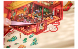 Macro shot of colorful 3D vintage Chinese palace stickers being applied with tweezers