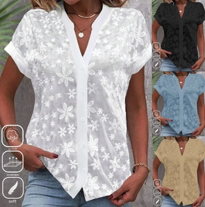 Detail of V-neck short sleeve shirt with lace floral embroidery in four colors