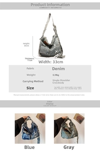 Detailed size specifications for the washed denim tote bag with frayed edges and straps