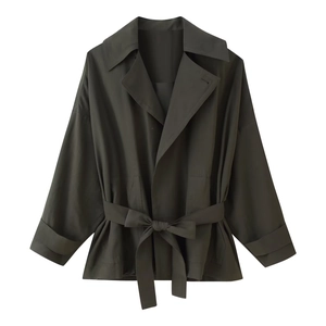 Veste Femme Et Pantalon Large Décontracté Automne Outwear Ceinturé Pantalon Taille Haute Plis Devant Polyester Mode Streetwear
