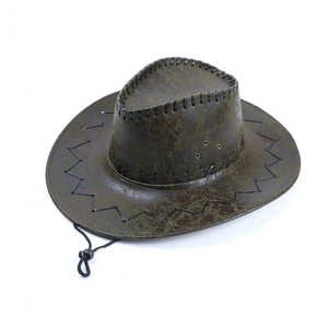Detail of distressed brown cowboy hat with heavy stitching and adjustable windproof rope