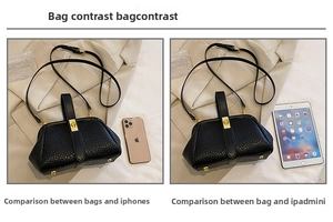 Detailed size comparison of black pebble leather handbag with phone and tablet