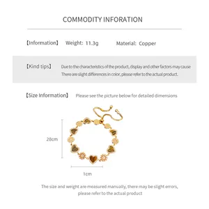 Size guide for 18K gold plated heart bracelet with adjustable slider and zircon charms