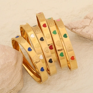 Vintage Heart Bangle Bracelet Stainless Steel Colorful Enamel Beaded Edge Hinge Jewelry For Women