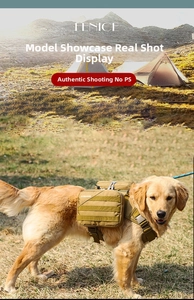 Detailed view of khaki tactical dog saddlebag with MOLLE webbing for outdoor camping