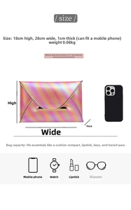 Size specifications of the envelope clutch bag showing height 18cm and width 28cm