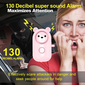 Detail of pink bear personal alarm showing 130dB sound wave effect for safety defense