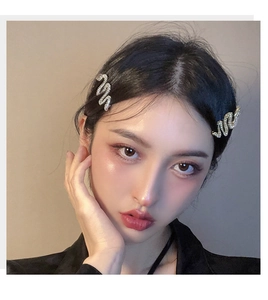 Close-up of silver snake-shaped rhinestone hair pins on a model with elegant styling
