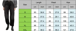 Size chart for women's high waist cargo jeans showing length, waist and hip in cm and inch