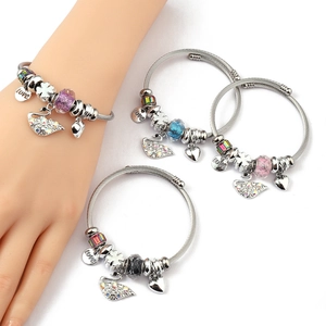 Detail of a swan charm bracelet with colorful crystal beads on a steel cable band