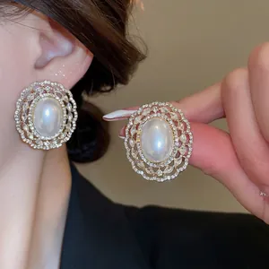 French vintage baroque pearl earrings with double-layered rhinestones and gold-plated lace
