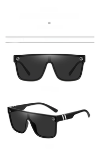 Detailed views of black polarized sunglasses with silver hinge accents and UV400 protection