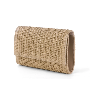 Detail shot of the woven straw texture and beige leather trim on this summer clutch bag