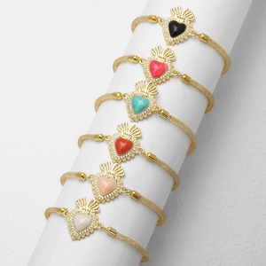 Pulsera Con Colgante De Sagrado Corazón Cobre Bañado En Oro Cadena De Malla Metálica Circonita Esmalte Joyería Para Mujer