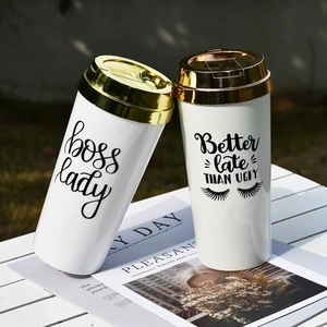 Double-layer 16oz acrylic BOSS LADY travel coffee cup with gold lid and stylish slogans