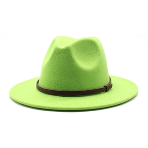 Detailed top view of a lime green wool fedora hat with a woven brown leather band