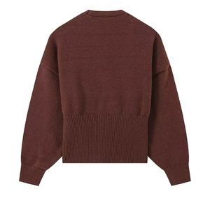 Back view of a minimalist dark brown V-neck knitted cardigan with ribbed hem and cuffs