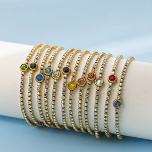 Bracelet Pierre de Naissance Rond en Acier Inoxydable pour Femme Mode Plaqué Or Strass Tennis Bijoux Cadeau