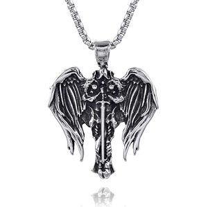 Gothic silver-toned stainless steel guardian angel wing and sword pendant necklace