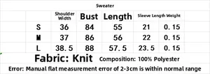 Size chart showing measurements for striped crewneck short sleeve knit tops in S, M, L