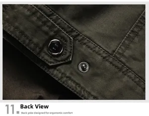 Detailansicht des verstärkten Rückenpasse einer olivgrünen Cargo-Jacke mit Metallnieten
