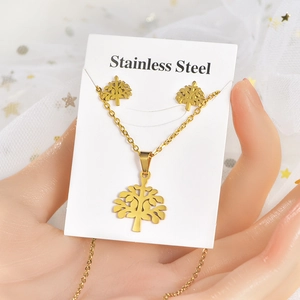 Golden stainless steel jewelry set featuring tree of life pendant necklace and stud earrings