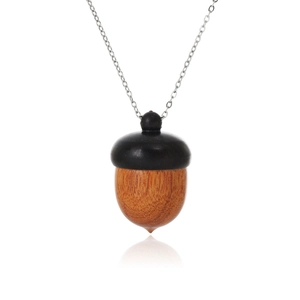 Natural wood acorn pendant necklace with dark brown cap and silver chain on white background