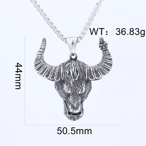 Detailed view of silver bull head pendant with dimensions 44mm height and 50.5mm width