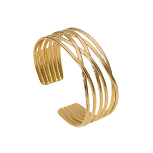 Bracelet manchette minimaliste en acier inoxydable doré avec design croisé multicouche