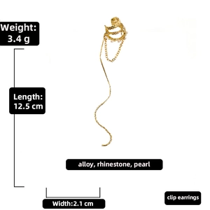 Golden tassel clip earrings with pearls and rhinestones showing dimensions 12.5x2.1cm