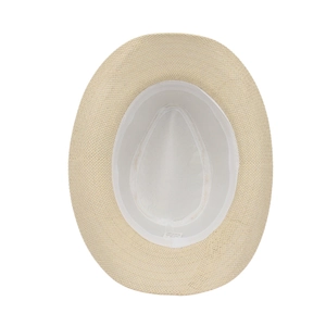 Close-up of a breathable paper straw fedora with an internal sweatband and washing label