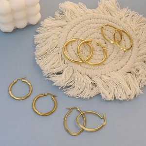 Women Fashion Stainless Steel Gold Plated Hoop Earrings Geometric Round Oval Textured Minimalist Daily Jewelry Accessories